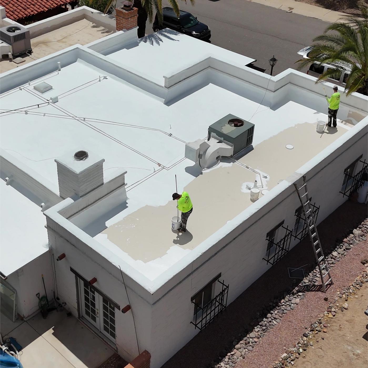 Aerial view of a coated flat roof.