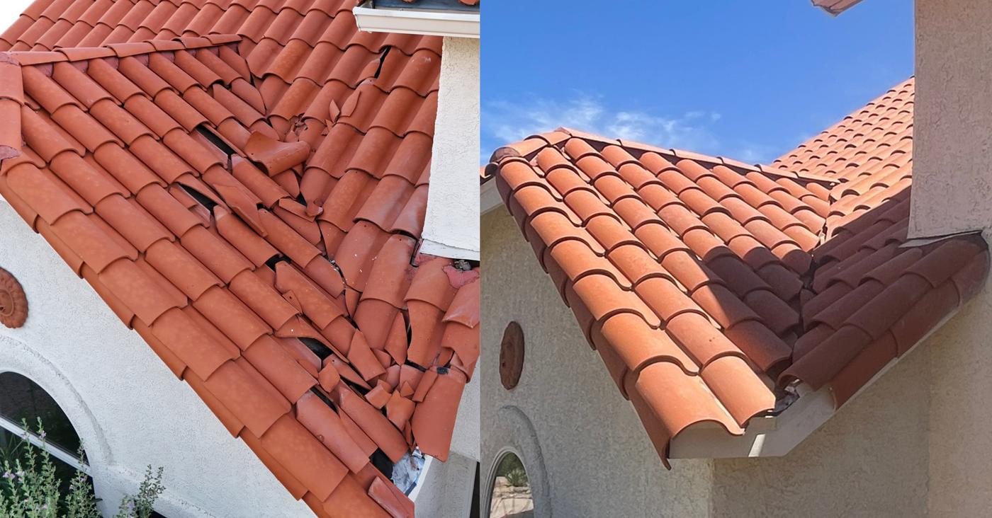 Before-and-after comparison of an S-type clay tile roof repair.