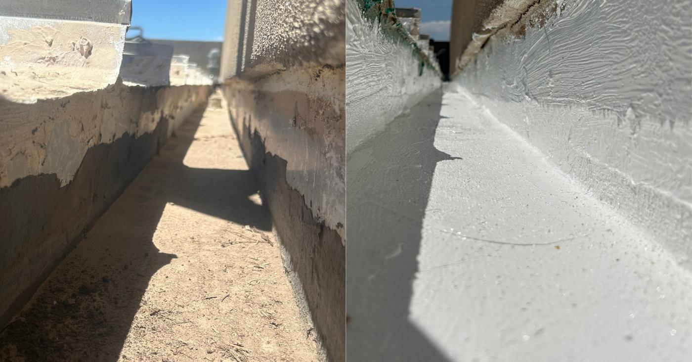 Roof drainage channel before and after coating application.