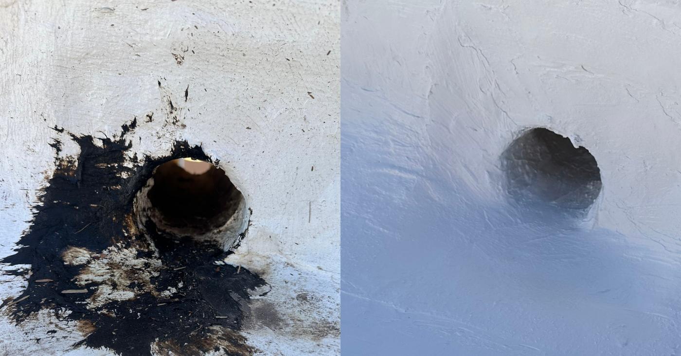 Roof scupper before and after repair.