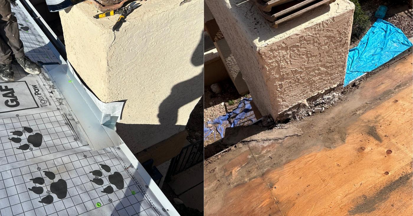 Chimney flashing on a tile roof before and during repair.