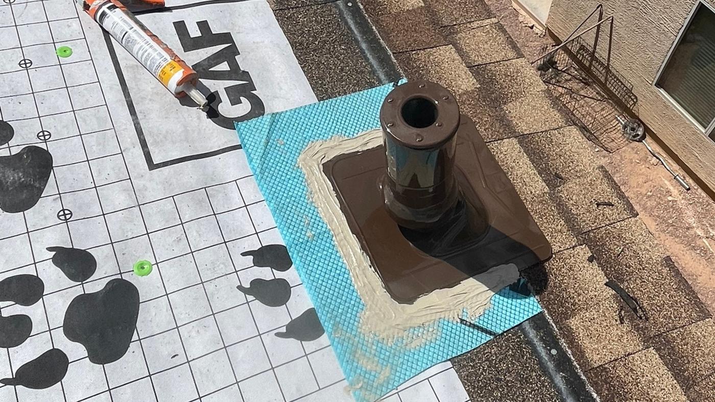 GAF Master Flow Pivot pipe flashing installed over synthetic roof underlayment.