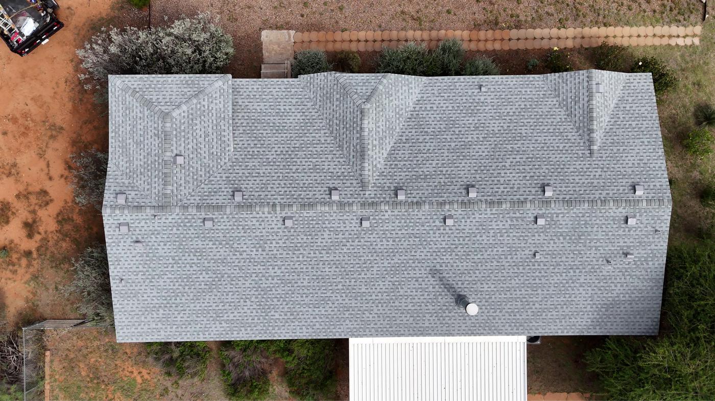 Overhead view of a finished Pewter Gray shingle roof.