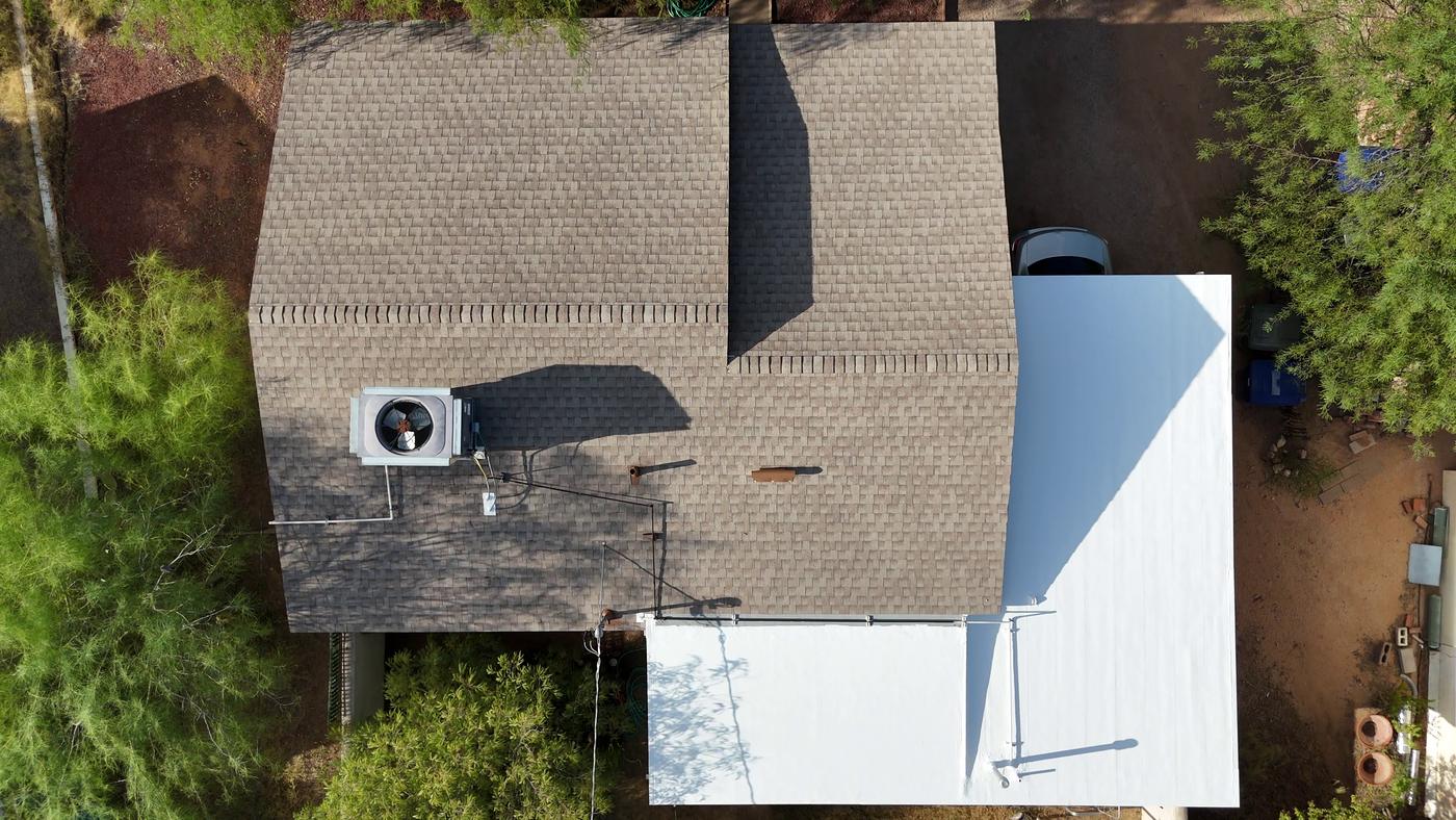 Finished asphalt shingle roof, aerial view — Shingle, SolTerra Roofing