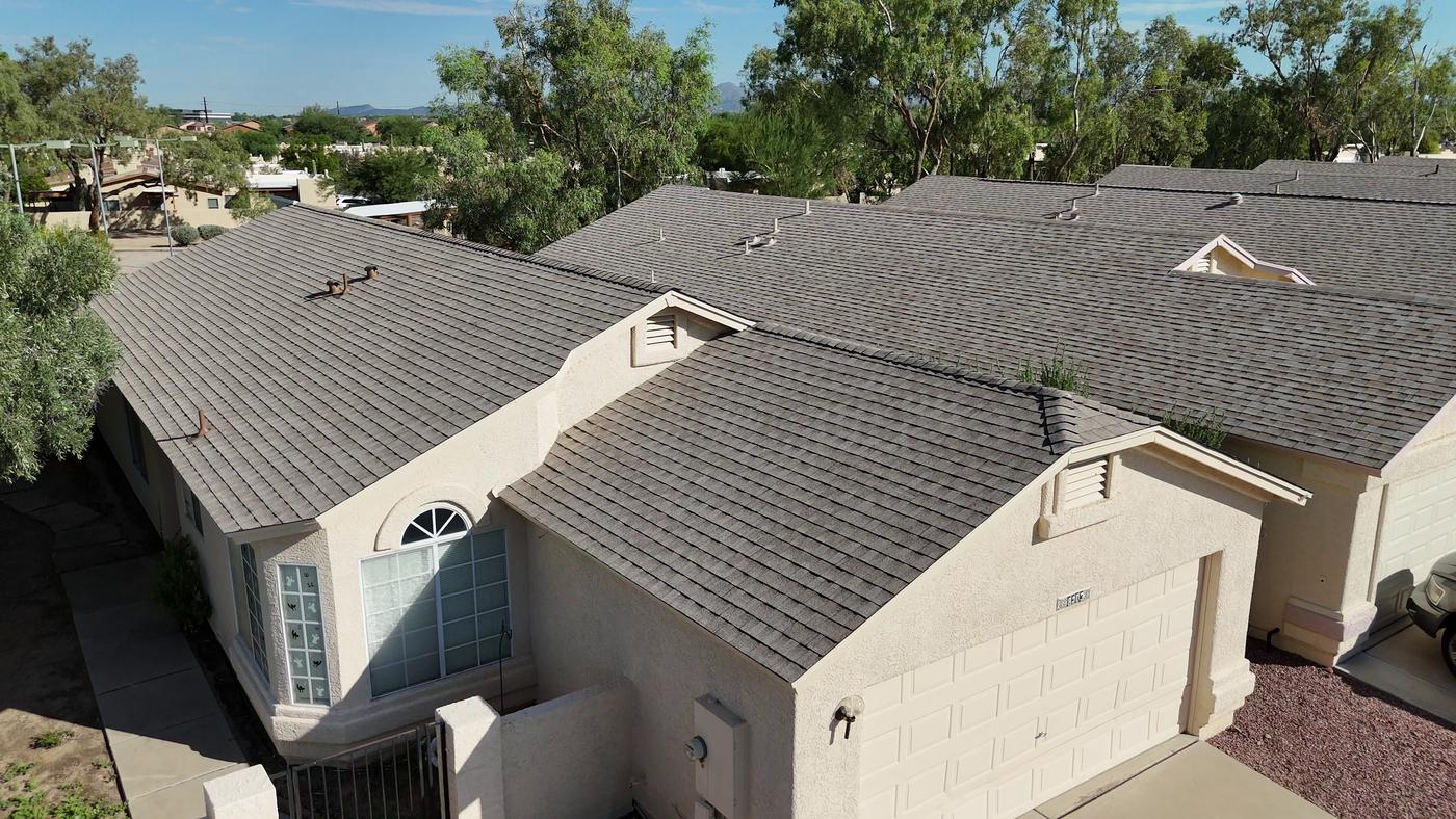 Finished asphalt shingle roof, aerial view - Shingle, SolTerra Roofing