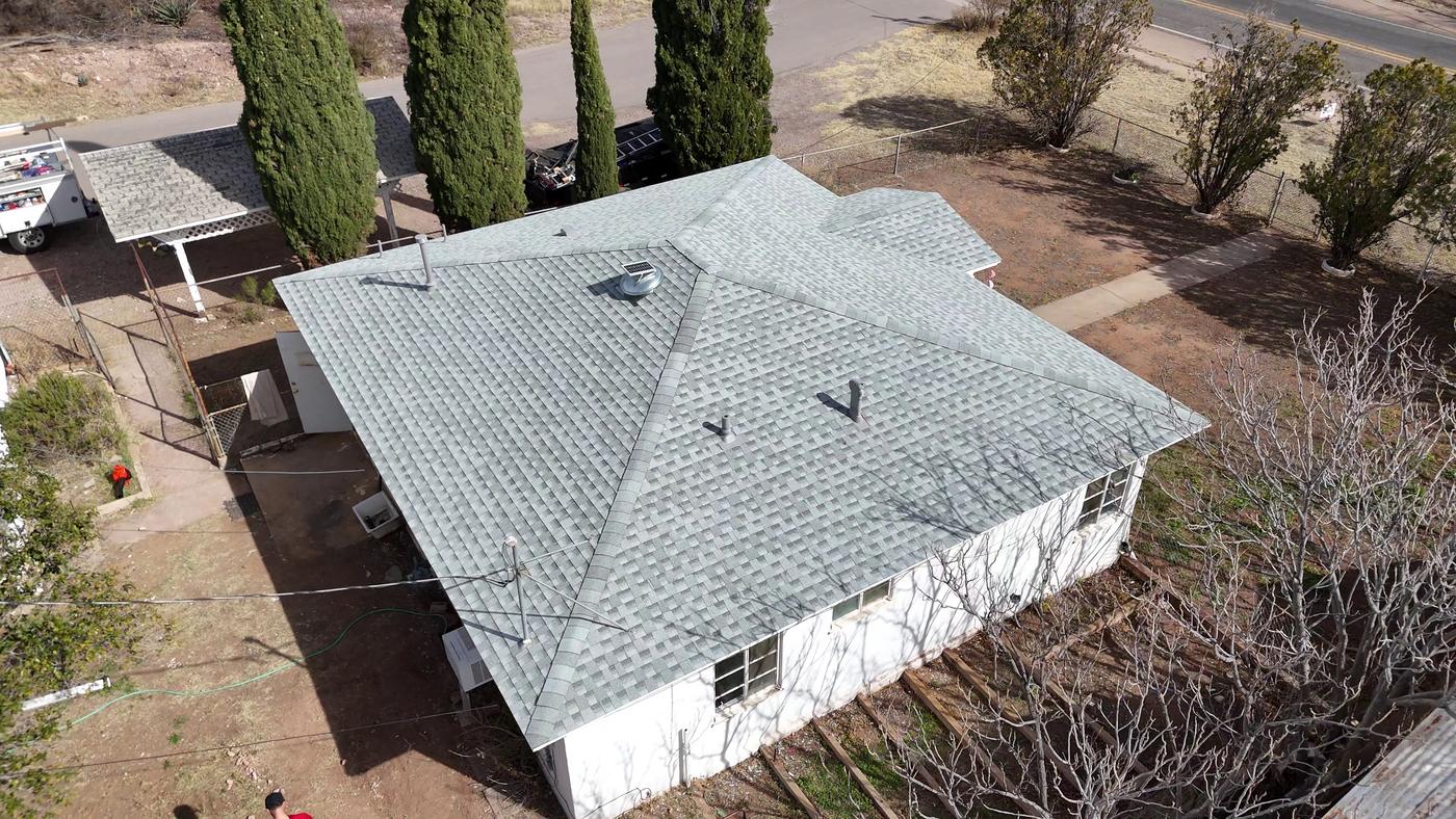 Finished asphalt shingle roof, aerial view — Shingle, SolTerra Roofing