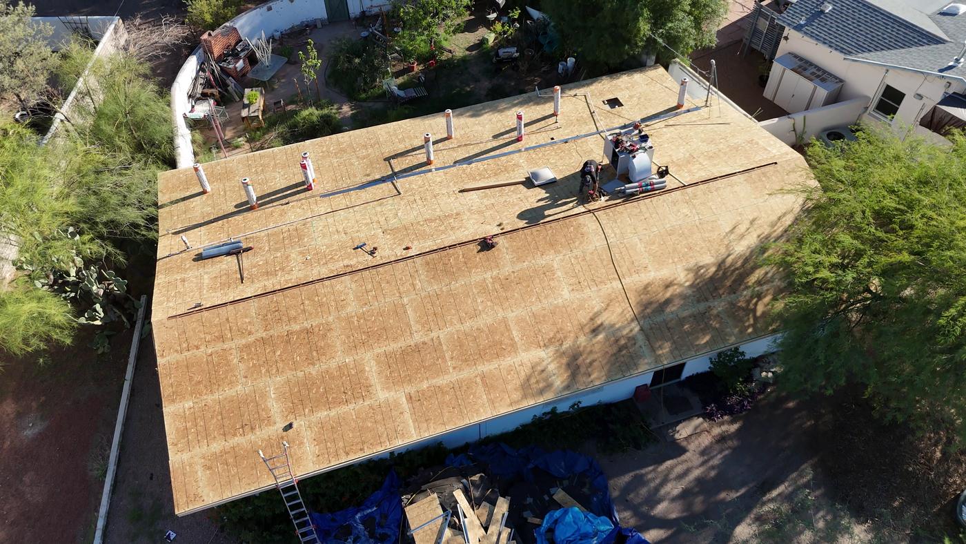 New roof sheathing installed before underlayment and shingles.