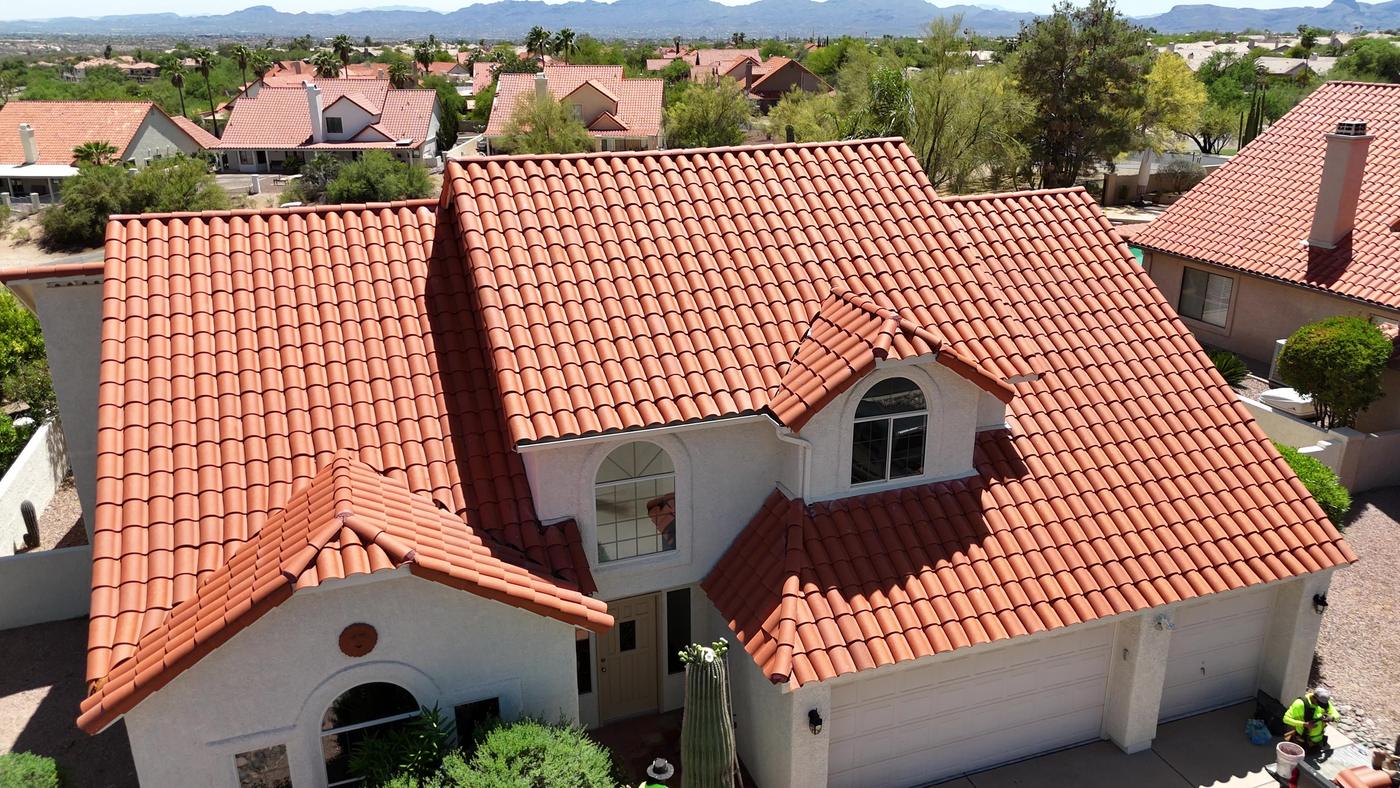 Aerial view of an S-type clay tile roof.