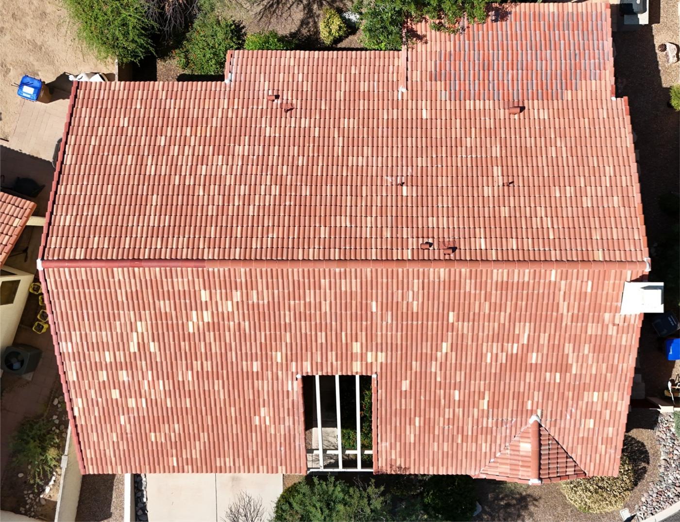 Aerial view of a finished concrete tile roof.
