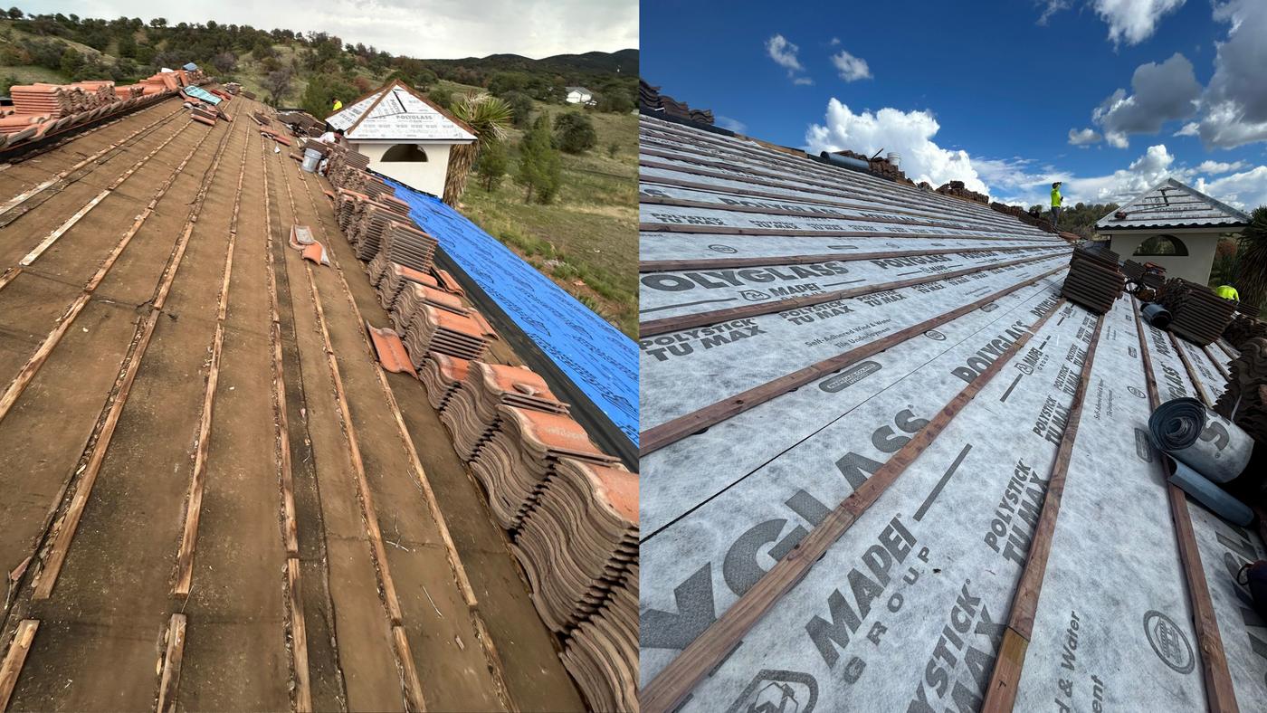 Comparison of old and new roofing underlayment beneath a tile roof.