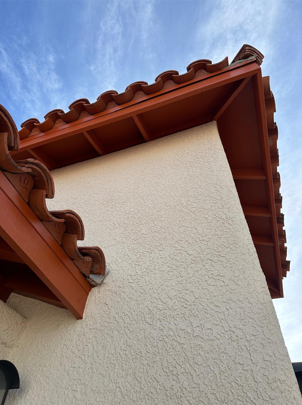 Finished clay tile roof with clay bird stops along the eave.