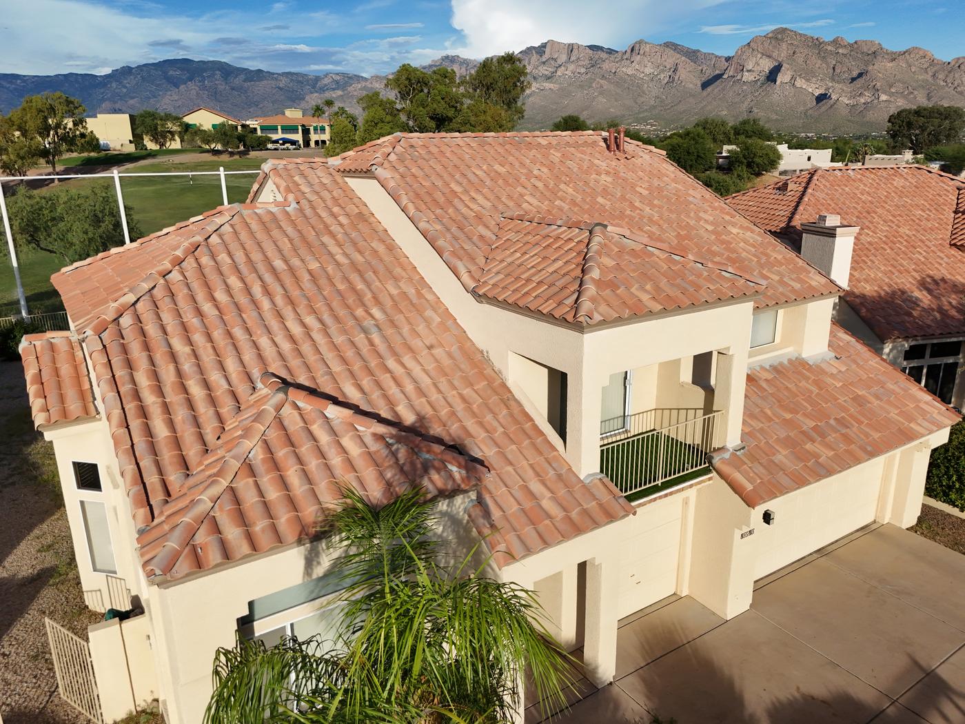 Aerial view of a finished S-type concrete tile roof.