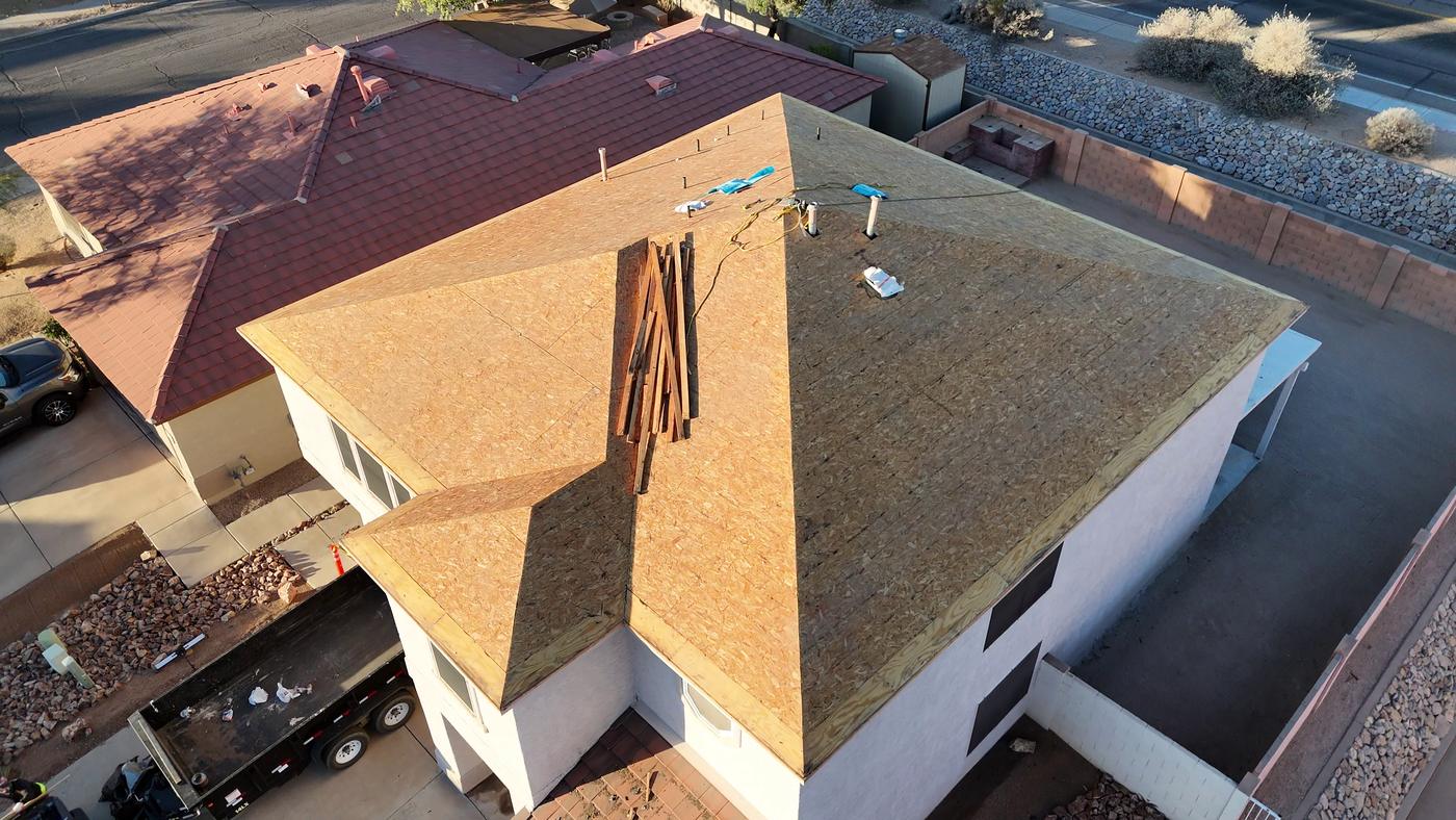 Clean, exposed roof decking before underlayment and tile installation.