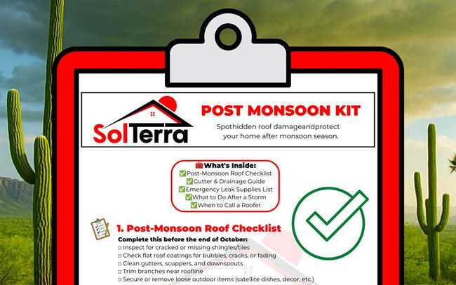 SolTerra Post-Monsoon Kit checklist flyer over a desert background
