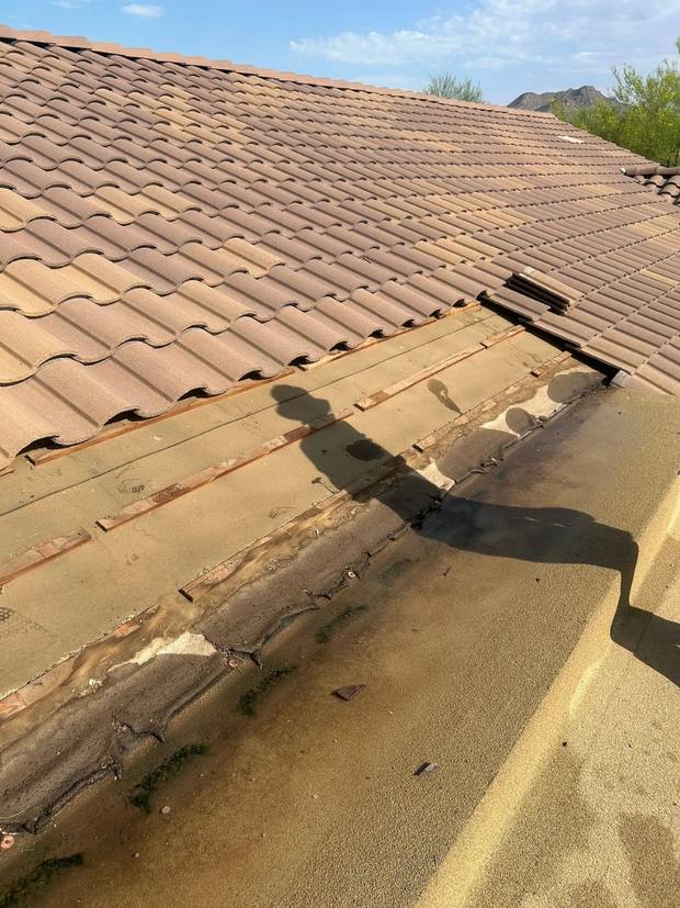 Tile lifted at the transition, exposing underlayment compromised by standing water