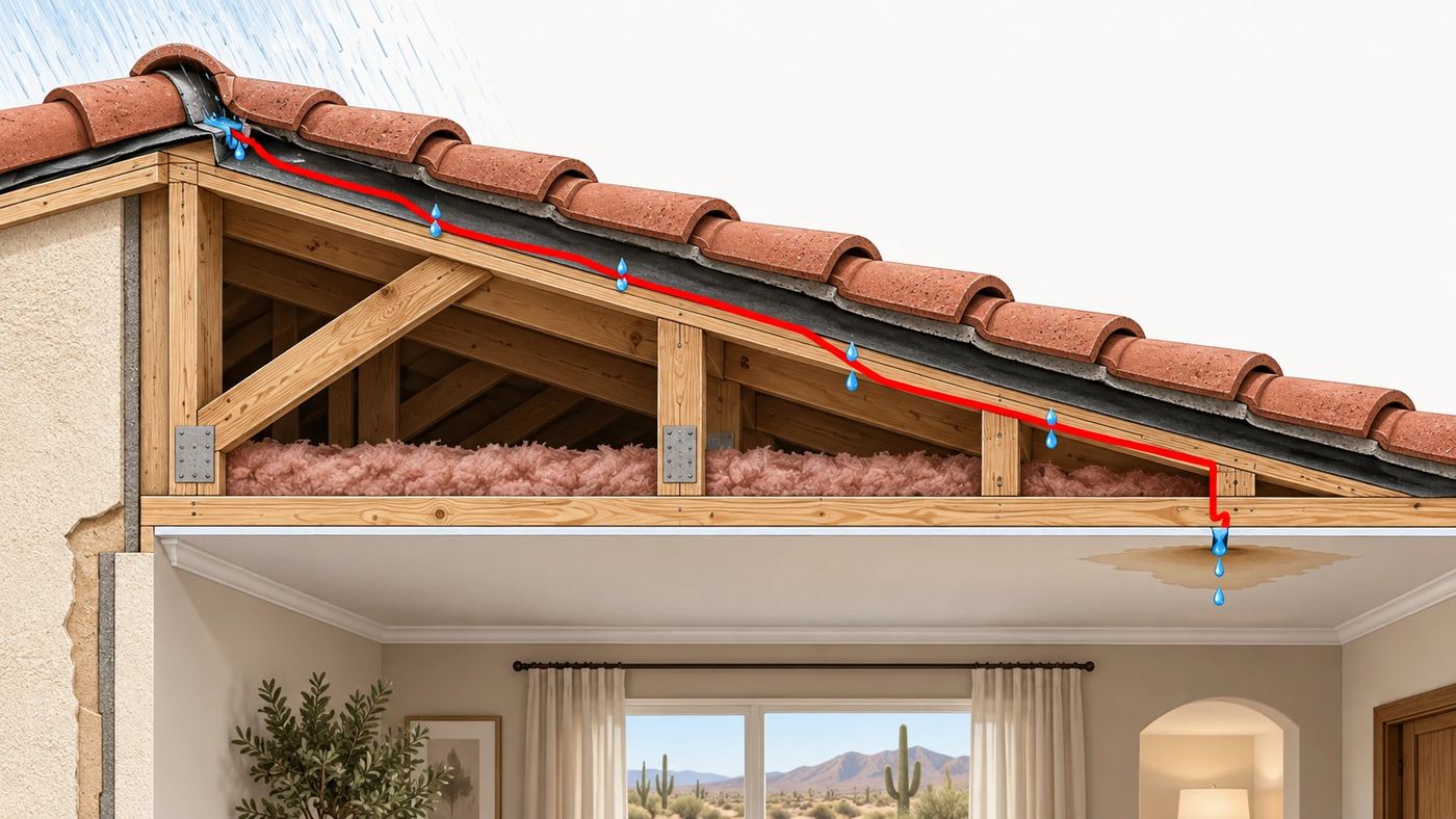 Illustration showing water entering a tile roof near the ridge, traveling beneath the roofing, and appearing as a ceiling stain several feet away.