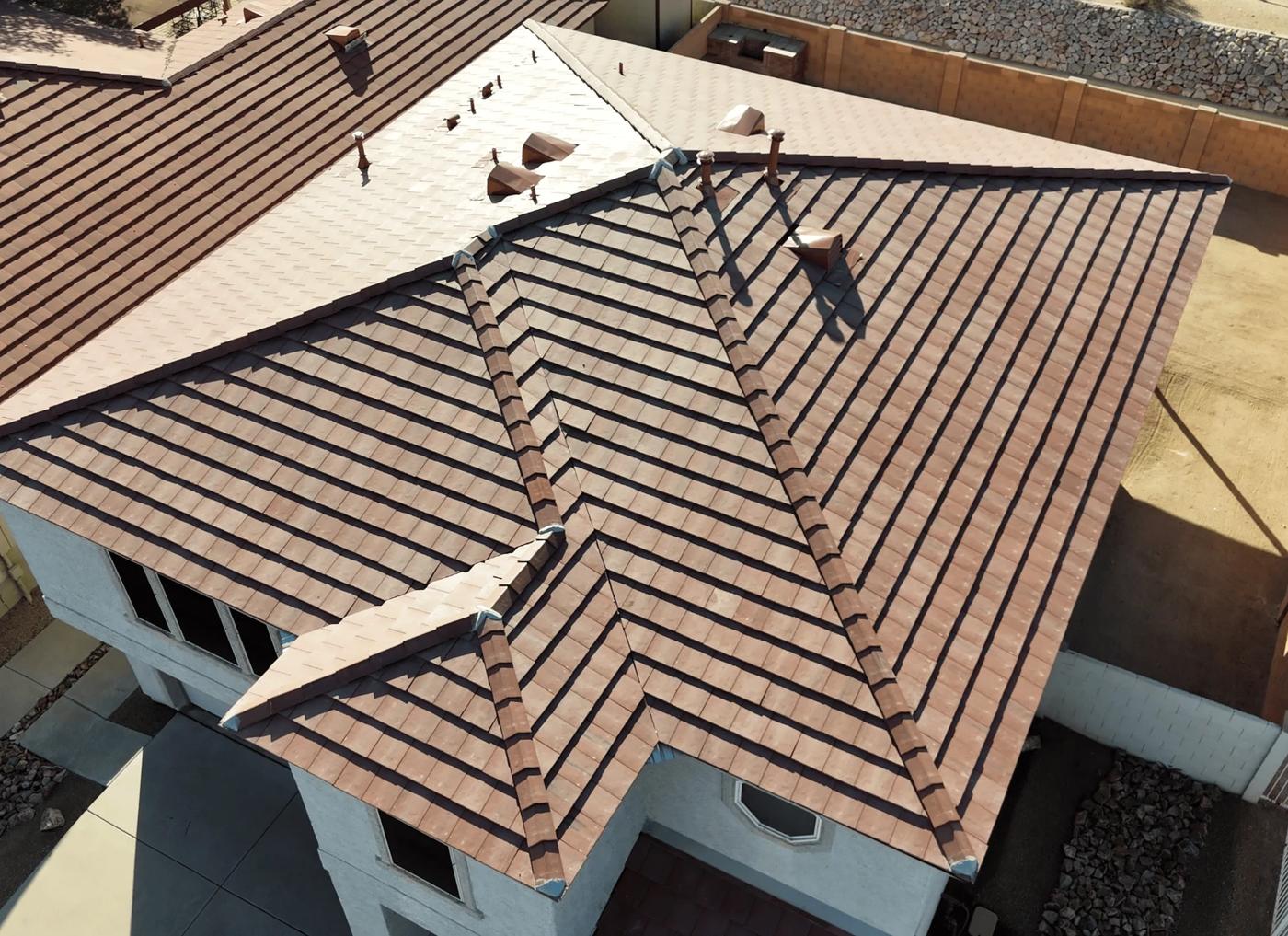 Newly installed concrete tile roof on a Tucson home, showing the hip and valley detail of a SolTerra tile roof replacement